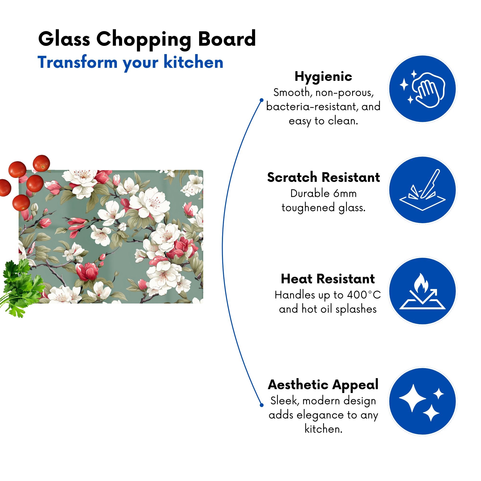 Pink And White Blossom Glass Chopping Board