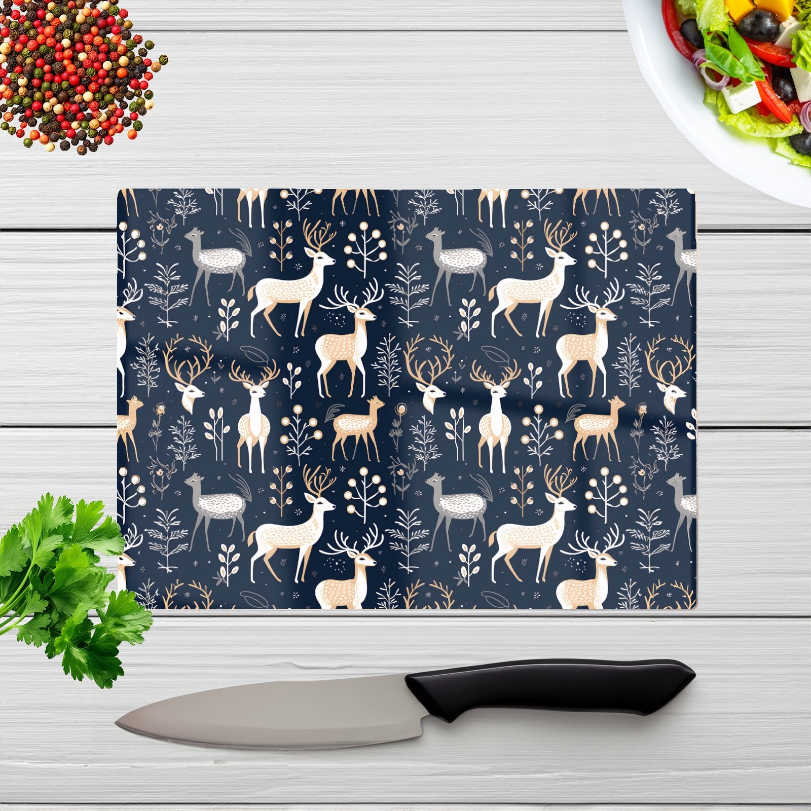 Reindeer Whimsical Illustration Pattern Glass Chopping Board