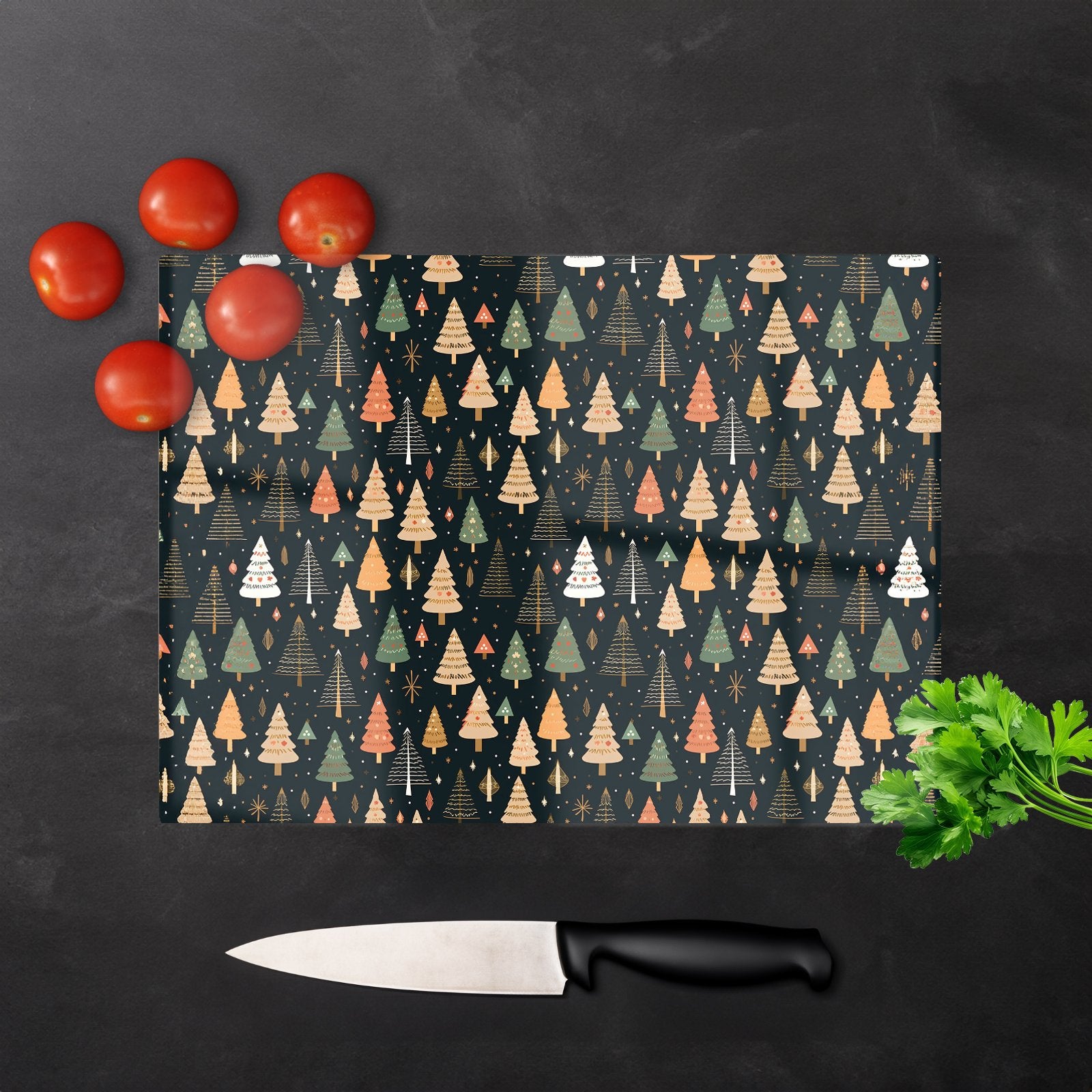 Boho Inspired Christmas Trees Glass Chopping Board