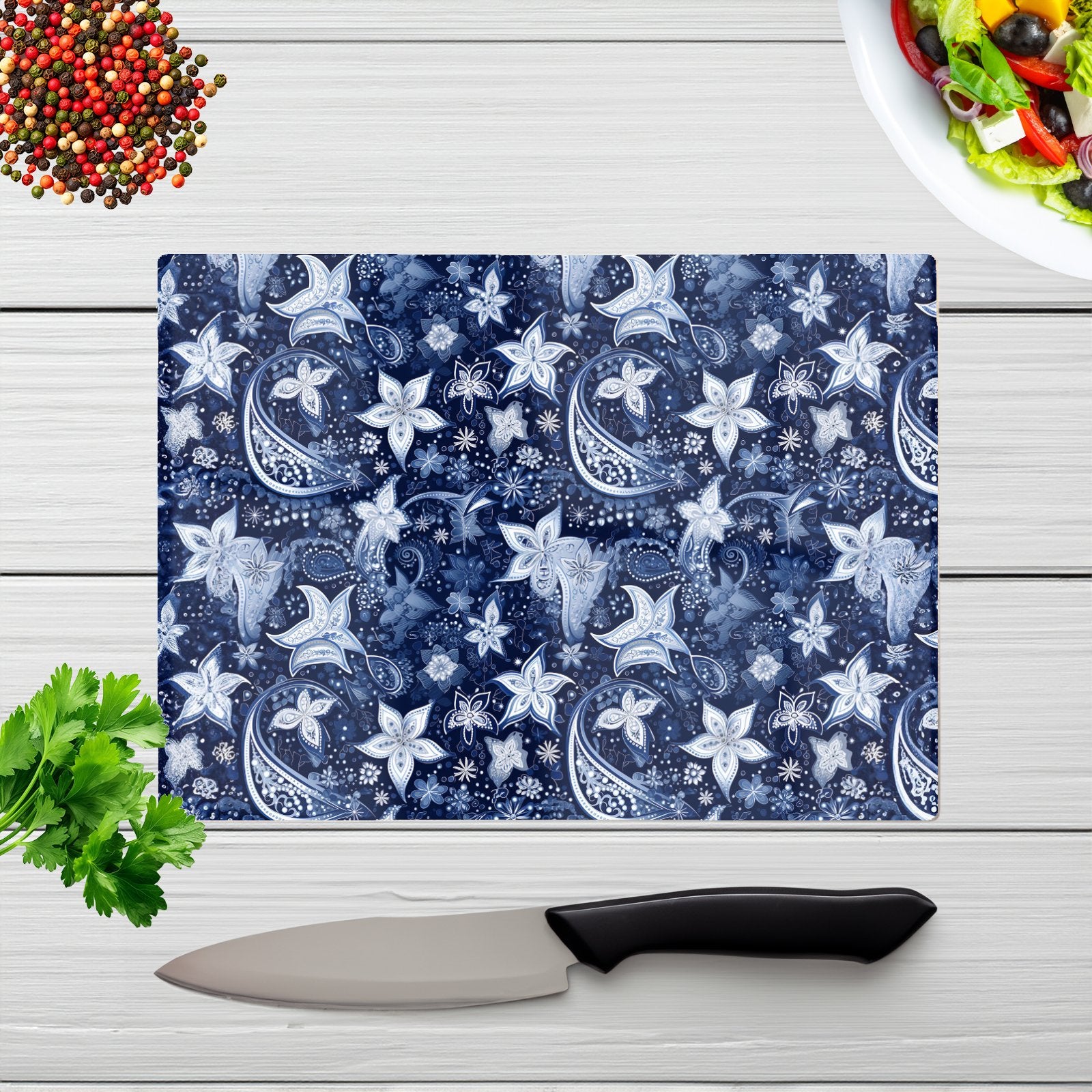 Paisley Christmas Stars Blue Glass Chopping Board