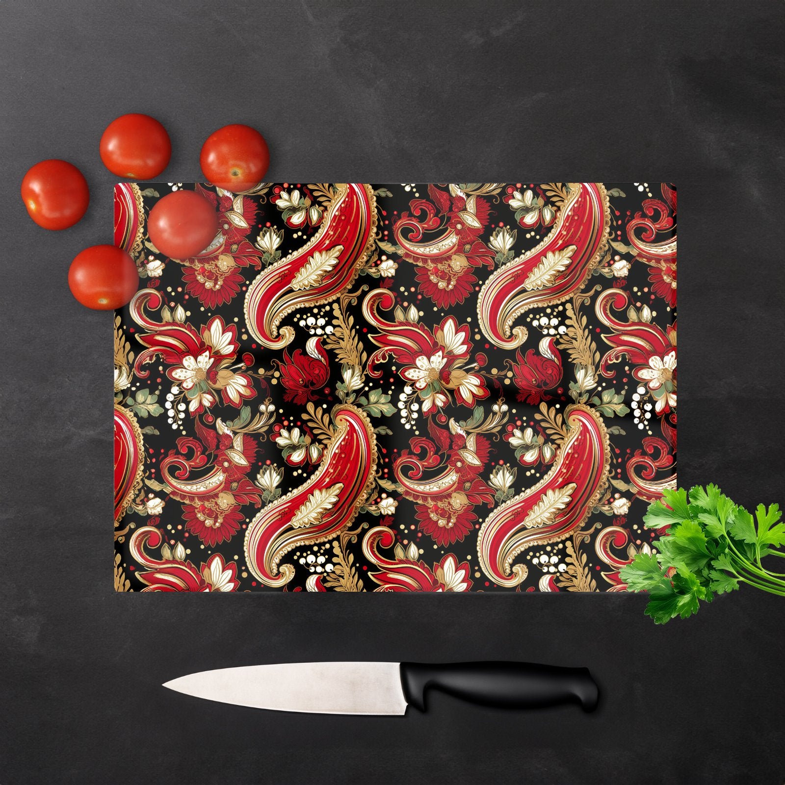 Paisley Christmas Stars Red Glass Chopping Board