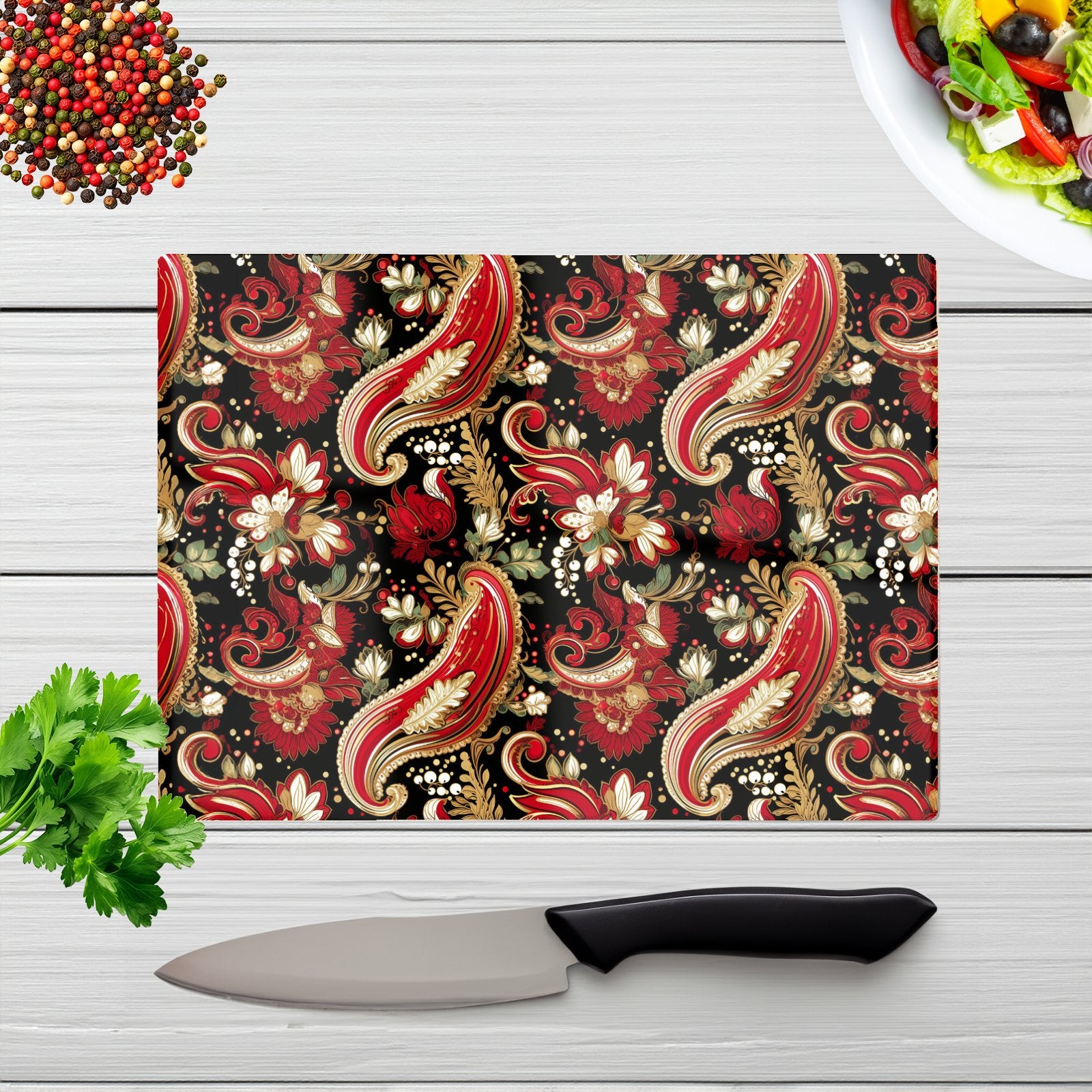 Paisley Christmas Stars Red Glass Chopping Board