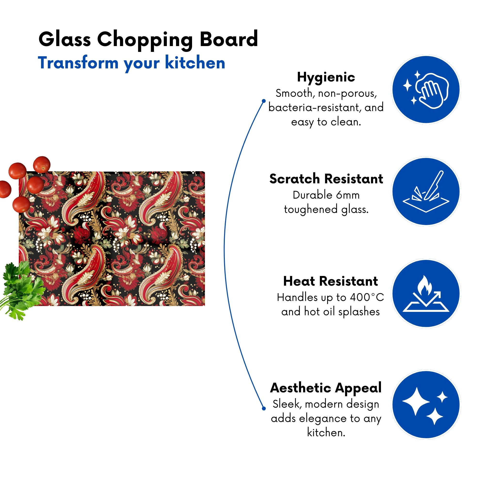 Paisley Christmas Stars Red Glass Chopping Board