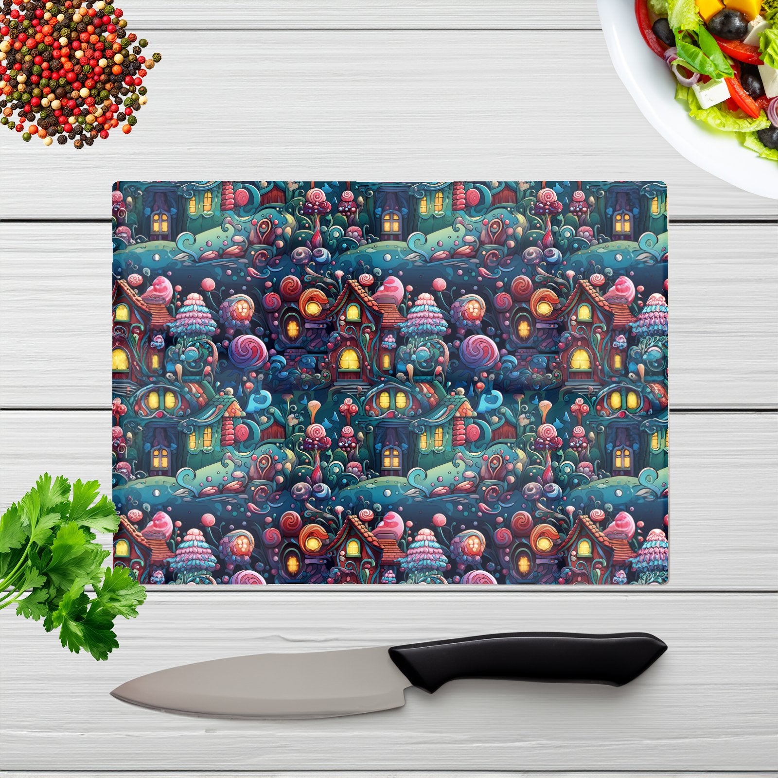 Whimsical Gingerbread House Pattern Glass Chopping Board