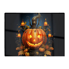 Spooy Pumpkin And Small Candles Glass Chopping Board
