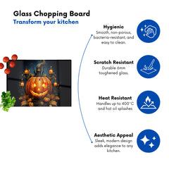 Spooy Pumpkin And Small Candles Glass Chopping Board