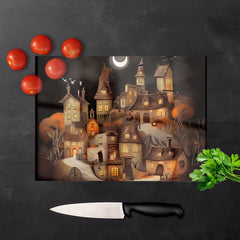 Spooky Halloween Village Glass Chopping Board