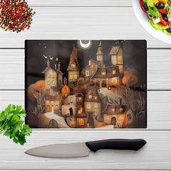 Spooky Halloween Village Glass Chopping Board
