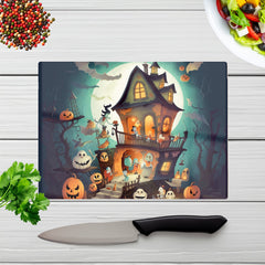 Illustrations A Whimsical Haunted House Glass Chopping Board