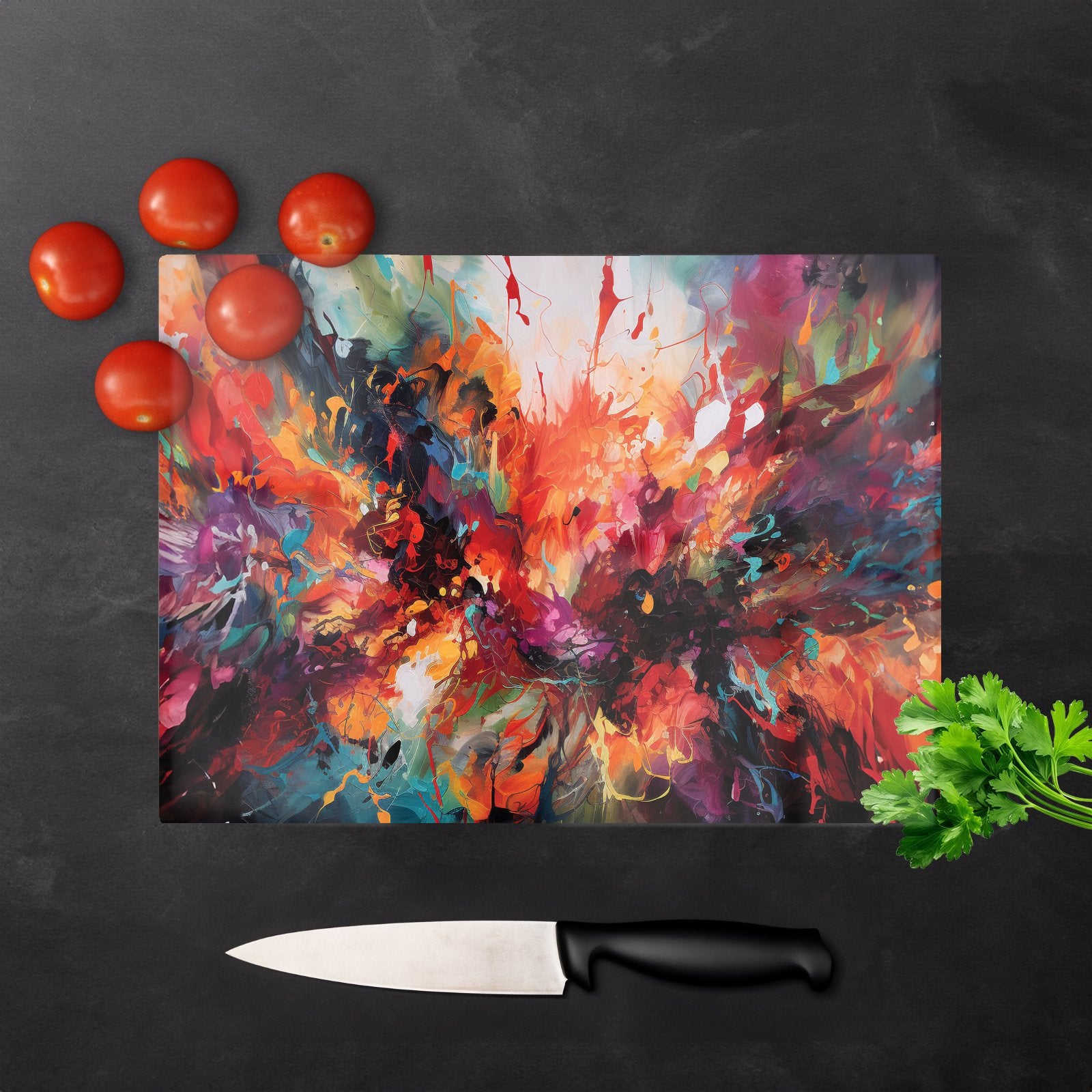 A Vibrant Abstract Painting Of Halloween Glass Chopping Board
