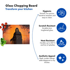 A Spooky Black And Orange Ghost Glass Chopping Board