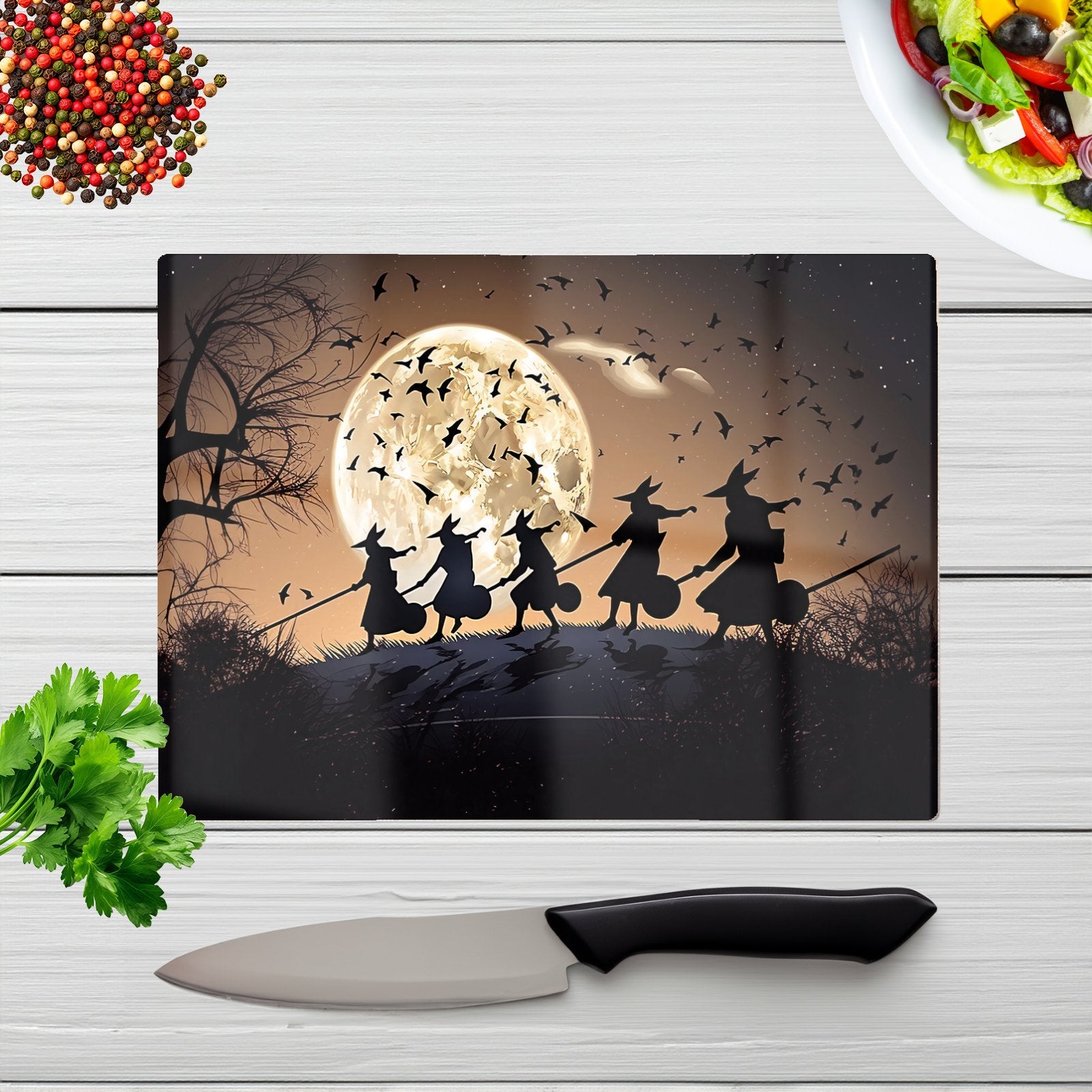 Witches Riding Broomsticks Glass Chopping Board