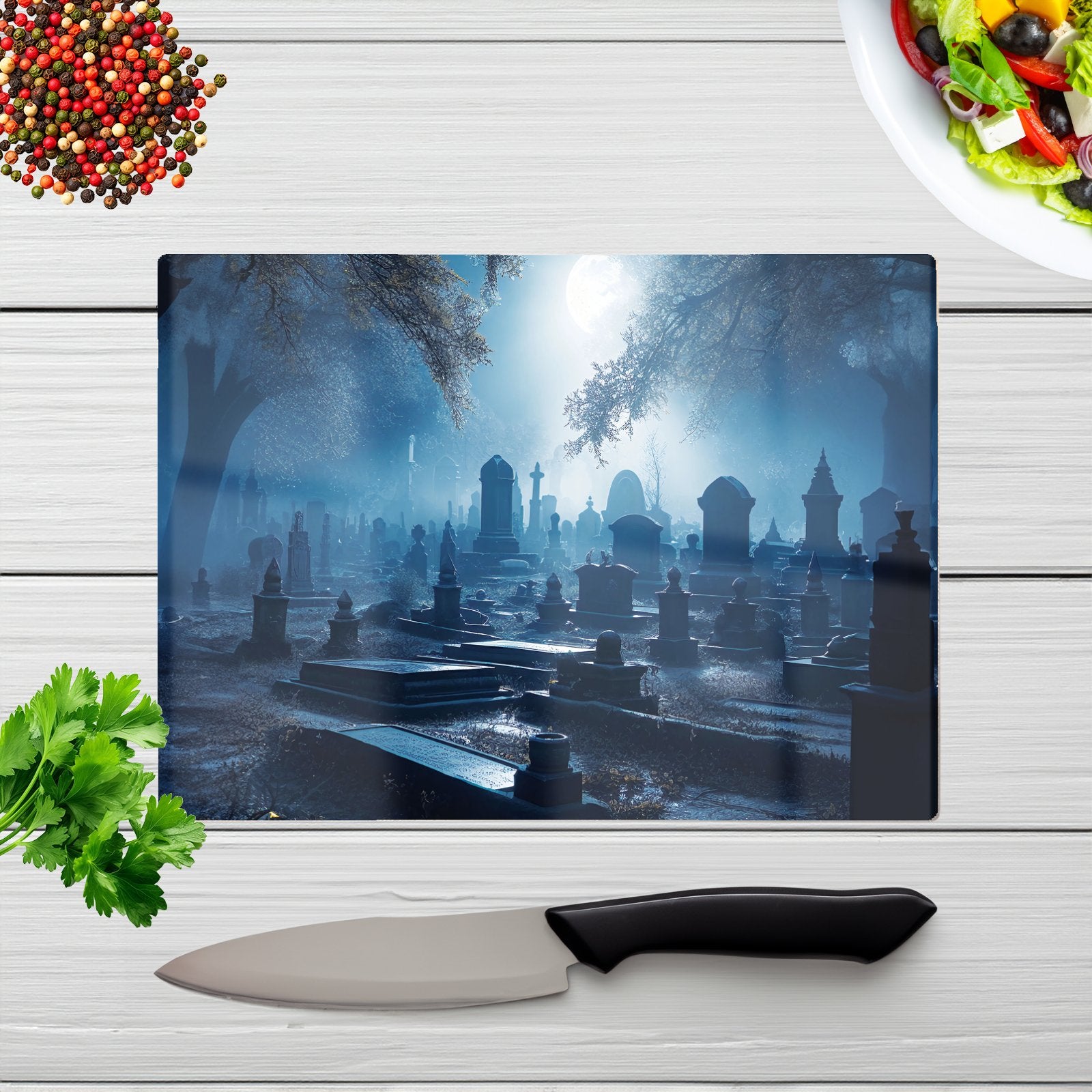 A Moonlit Graveyard Glass Chopping Board