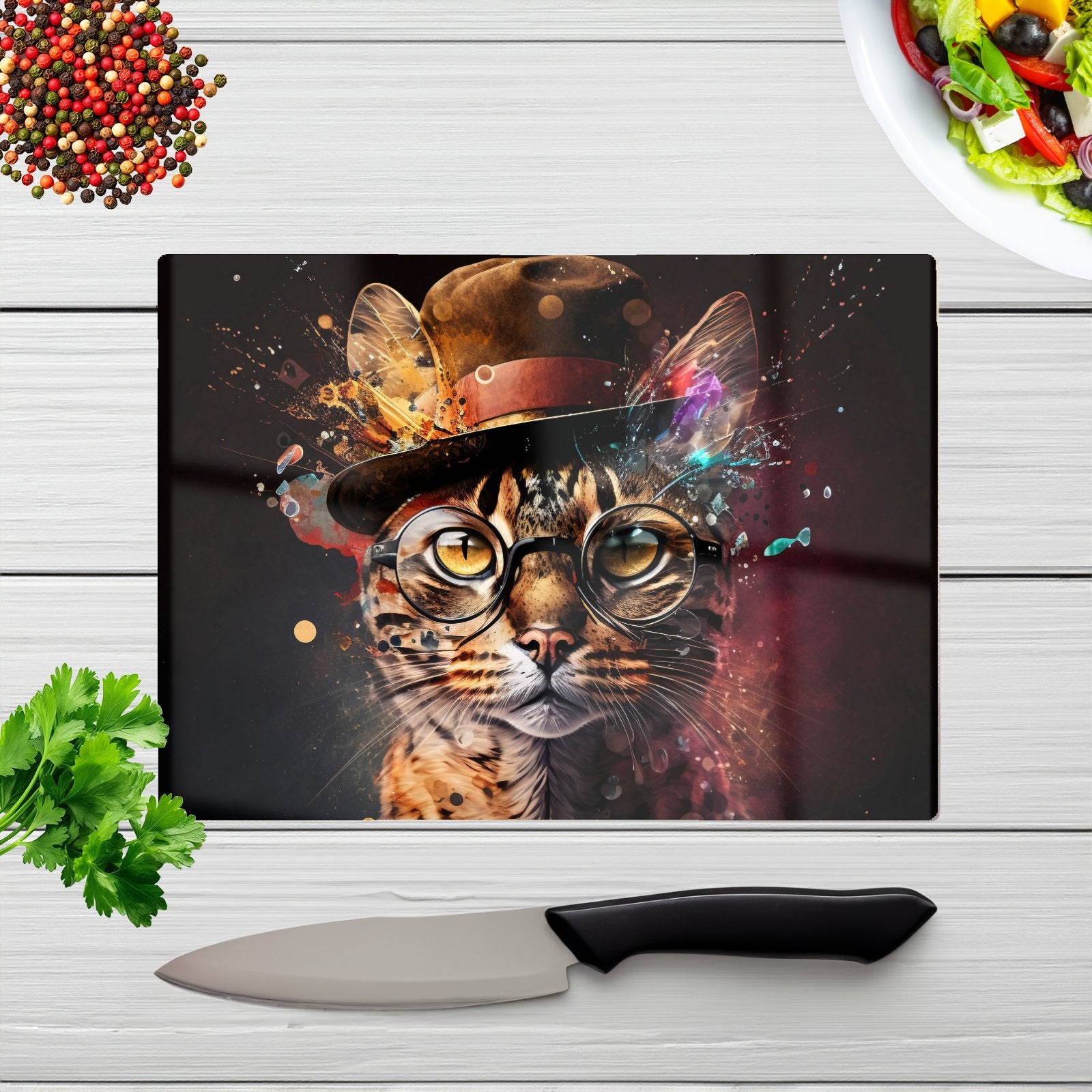 Bengal Cat With Glasses Splashart Chopping Board