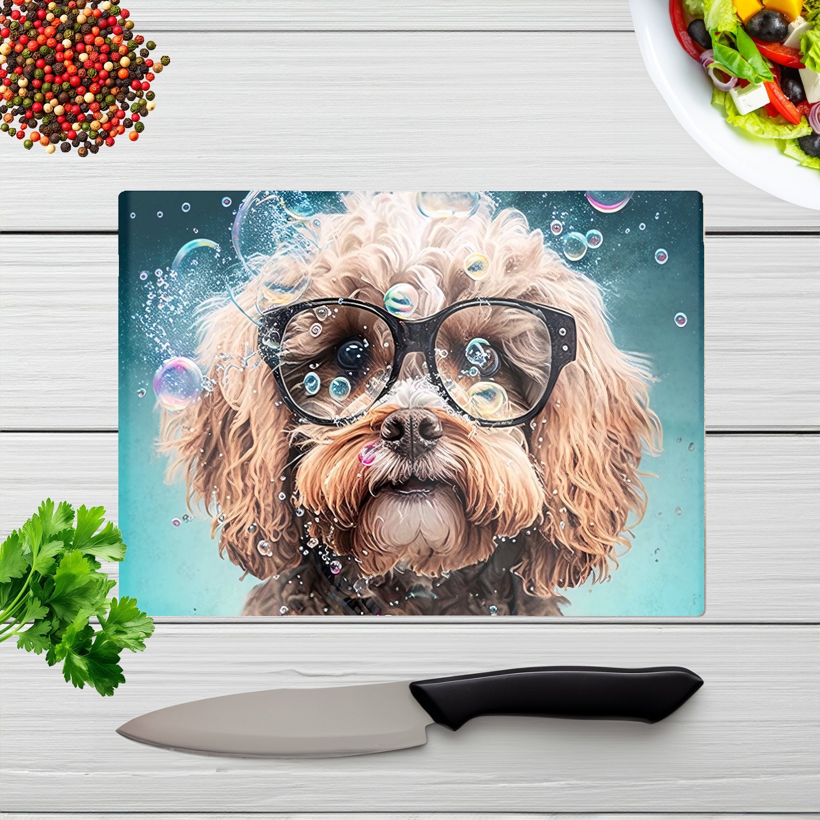 Cavapoo Dog With Glasses Splashart Chopping Board