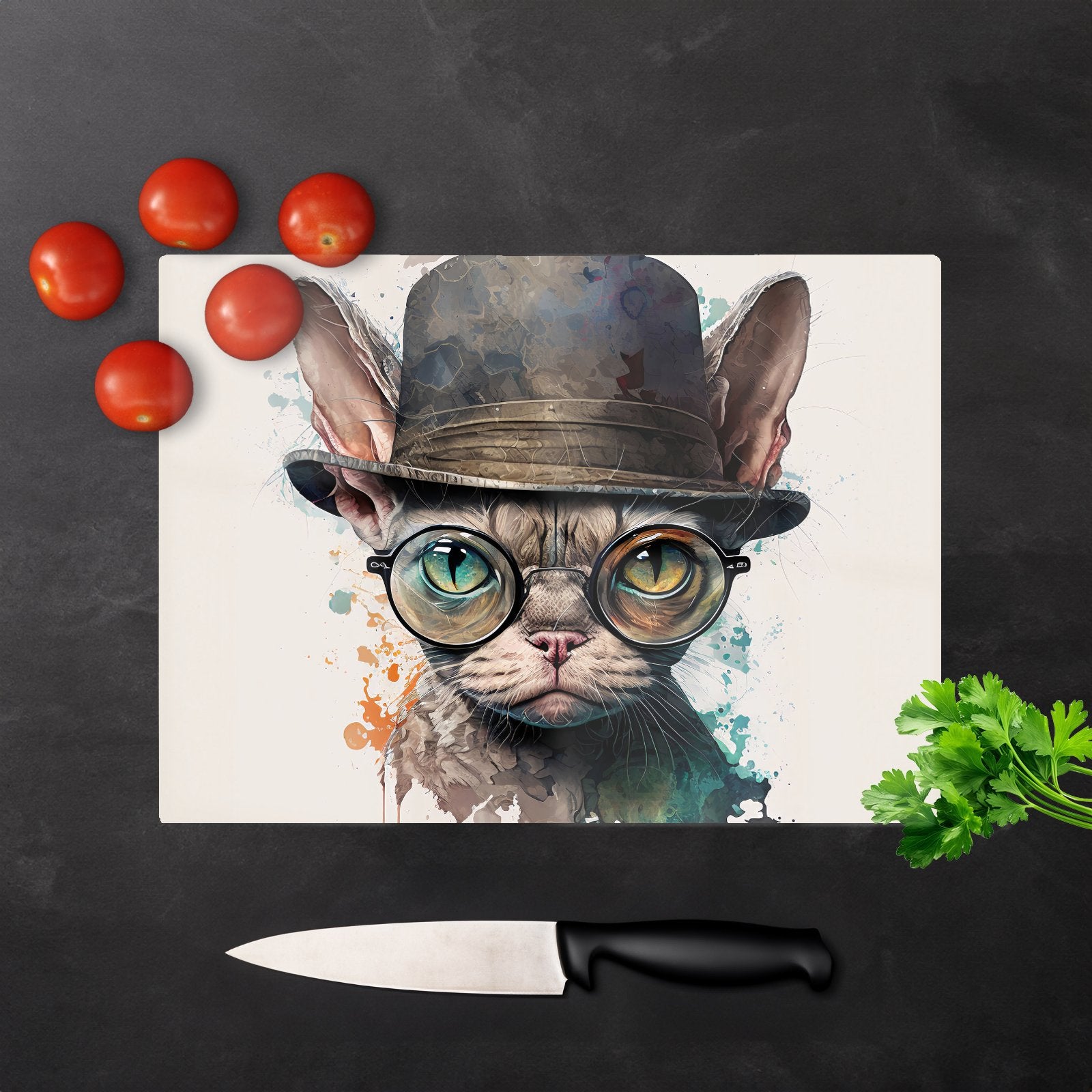 Devon Rex Cat With Glasses Splashart Chopping Board