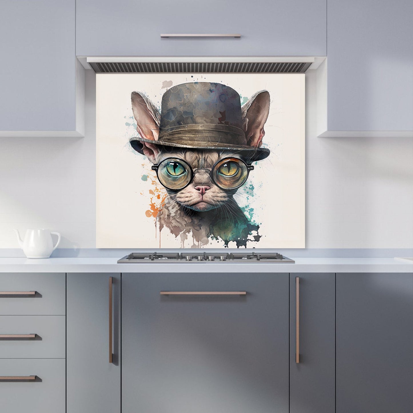 Devon Rex Cat With Glasses Splashart Kitchen Splashback