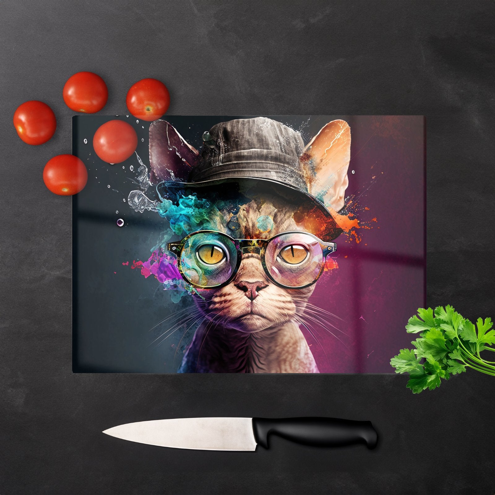 Devon Rex Cat With Hat Splashart Chopping Board