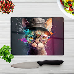 Devon Rex Cat With Hat Splashart Chopping Board