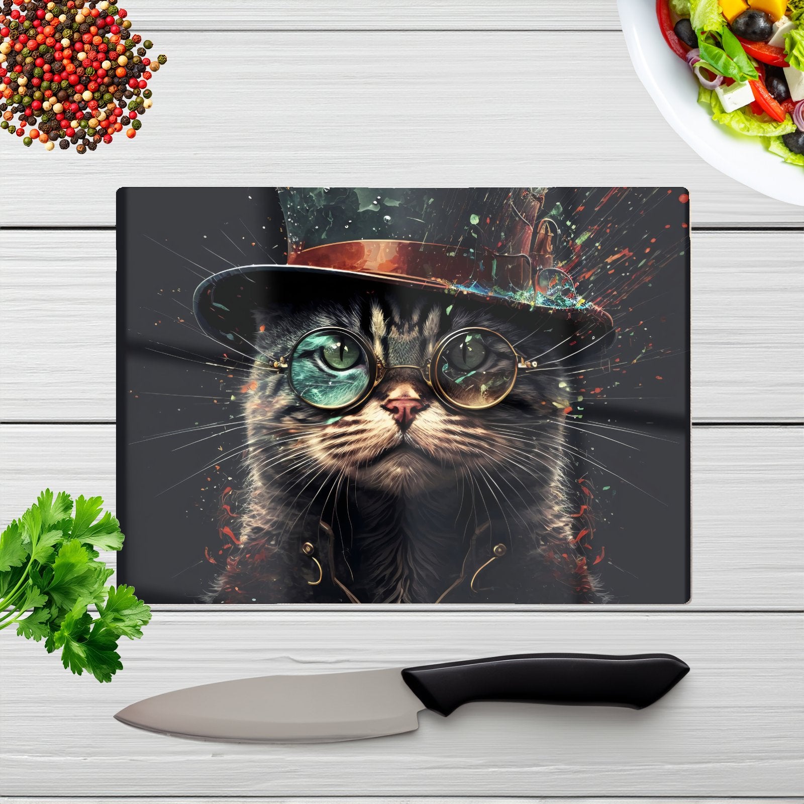Cat With Glasses Splashart Chopping Board