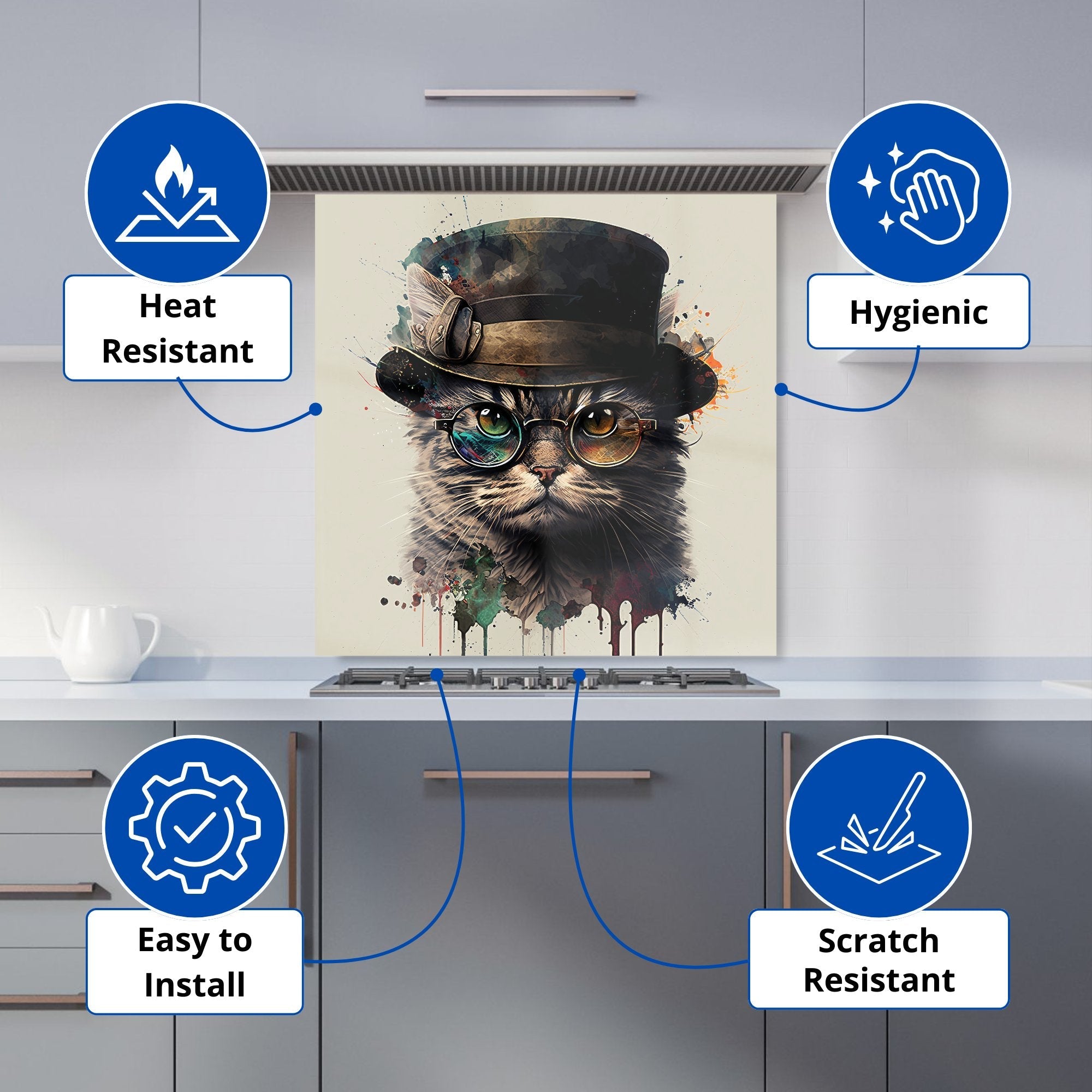 Cat With Glasses And Hat Splashart Kitchen Splashback