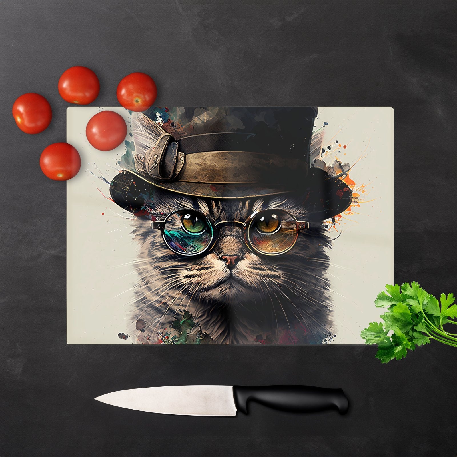 Cat With Glasses And Hat Splashart Chopping Board