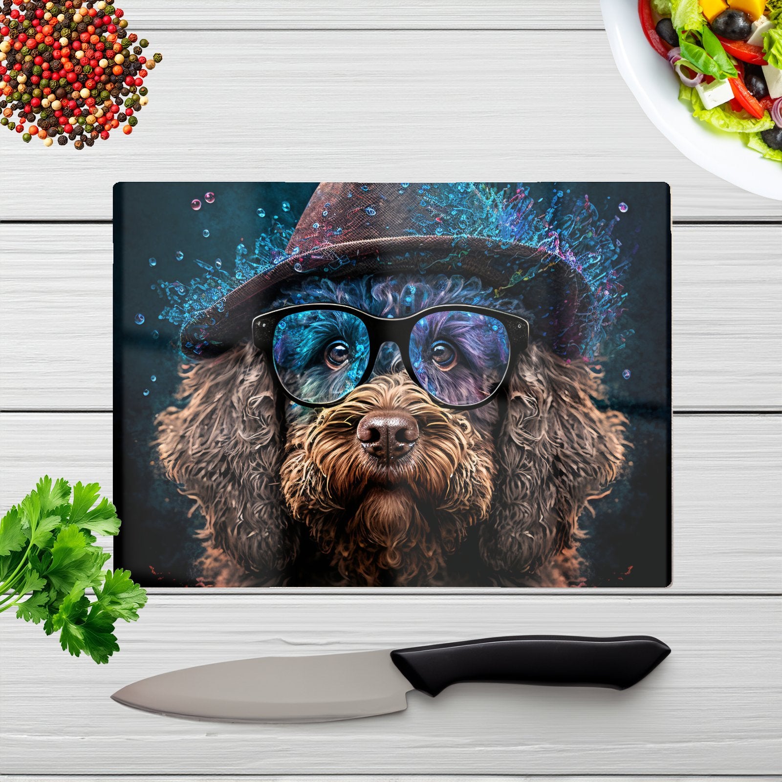 Labradoodle Dog With Glasses Splashart Chopping Board