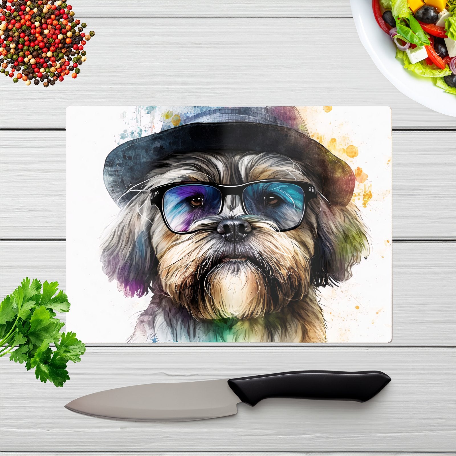 Lhasa Apso Dog With Glasses Splashart Chopping Board