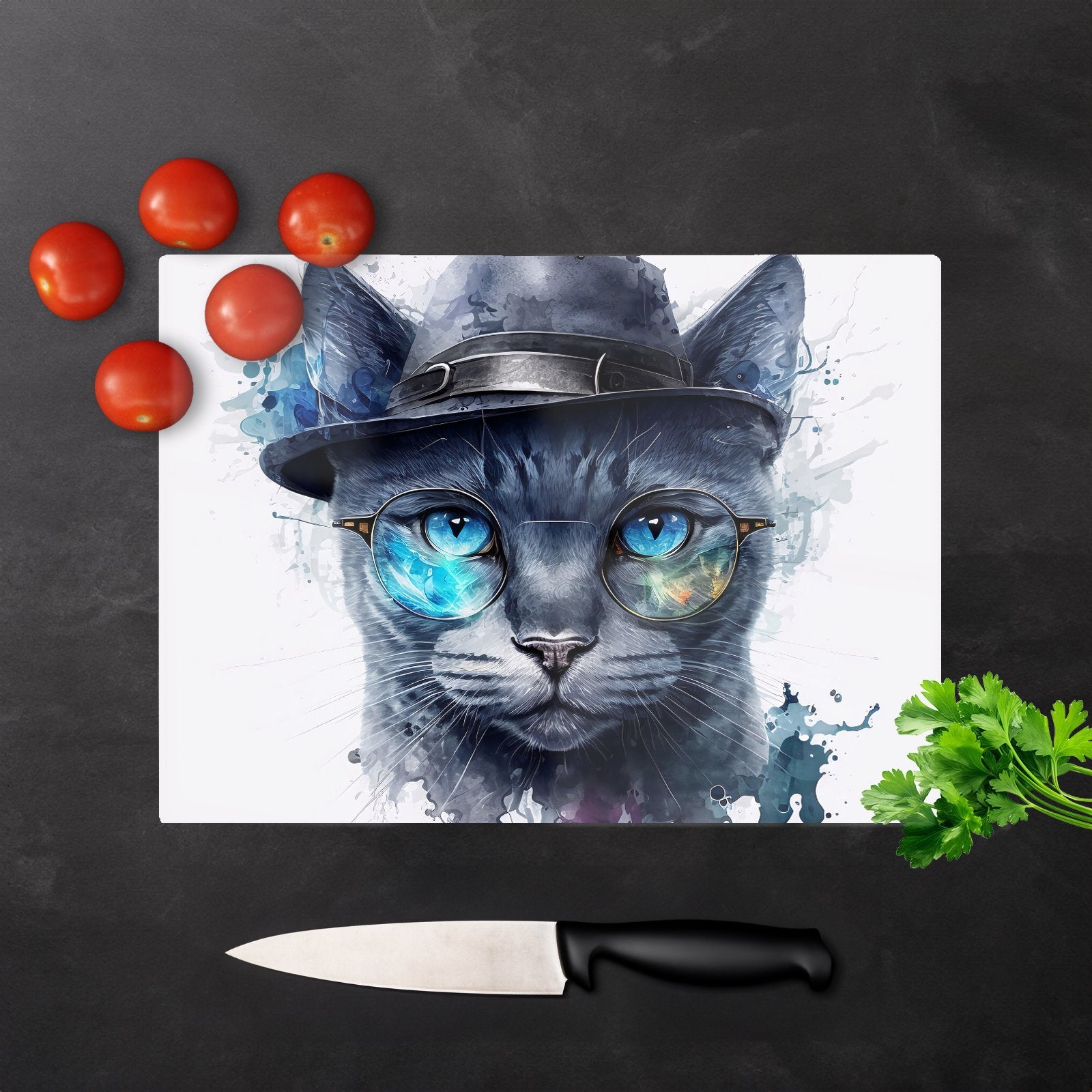 Russian Blue Cat With Glasses Splashart Chopping Board