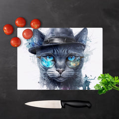 Russian Blue Cat With Glasses Splashart Chopping Board