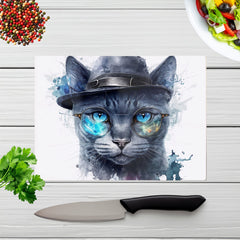 Russian Blue Cat With Glasses Splashart Chopping Board