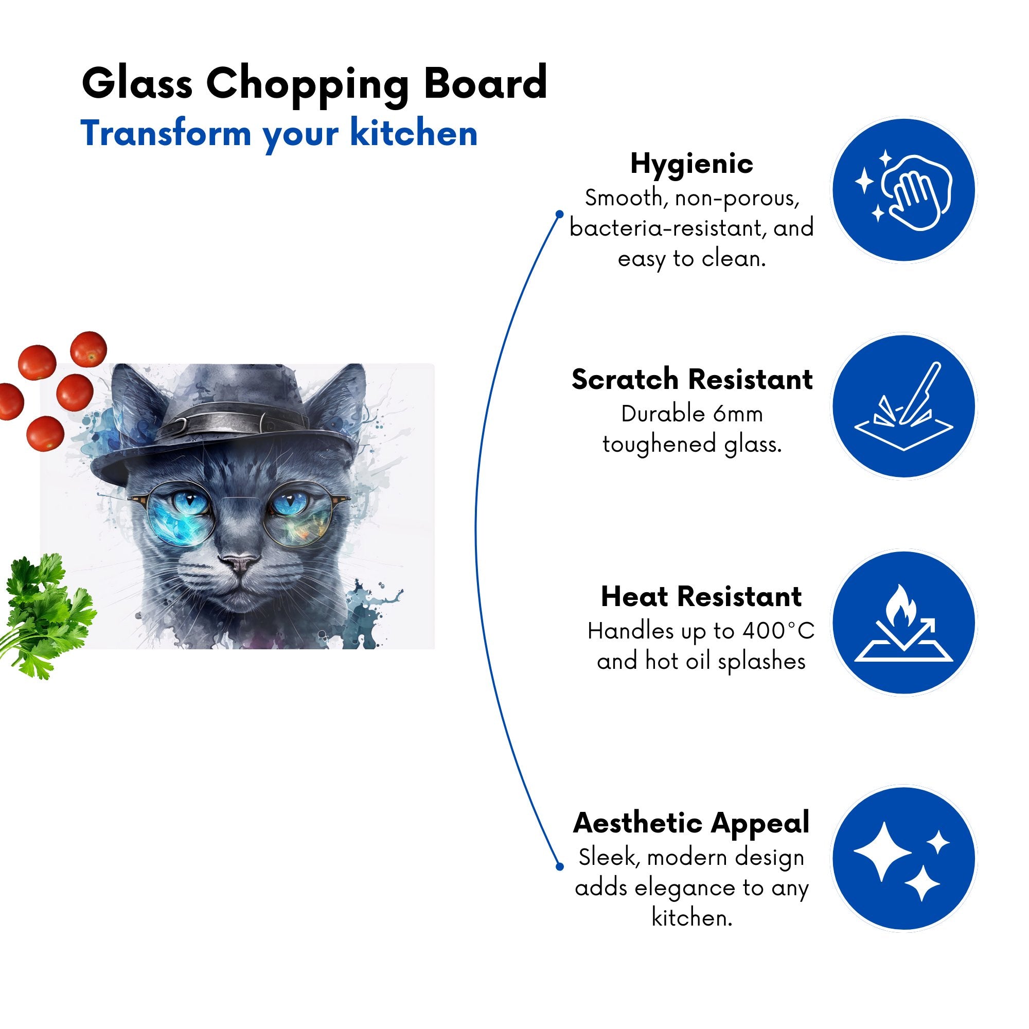 Russian Blue Cat With Glasses Splashart Chopping Board