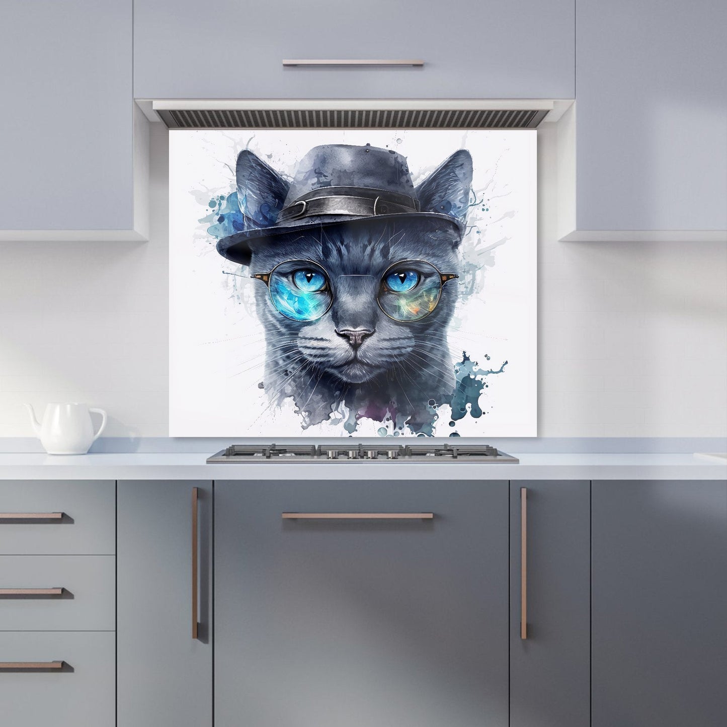 Russian Blue Cat With Glasses Splashart Kitchen Splashback