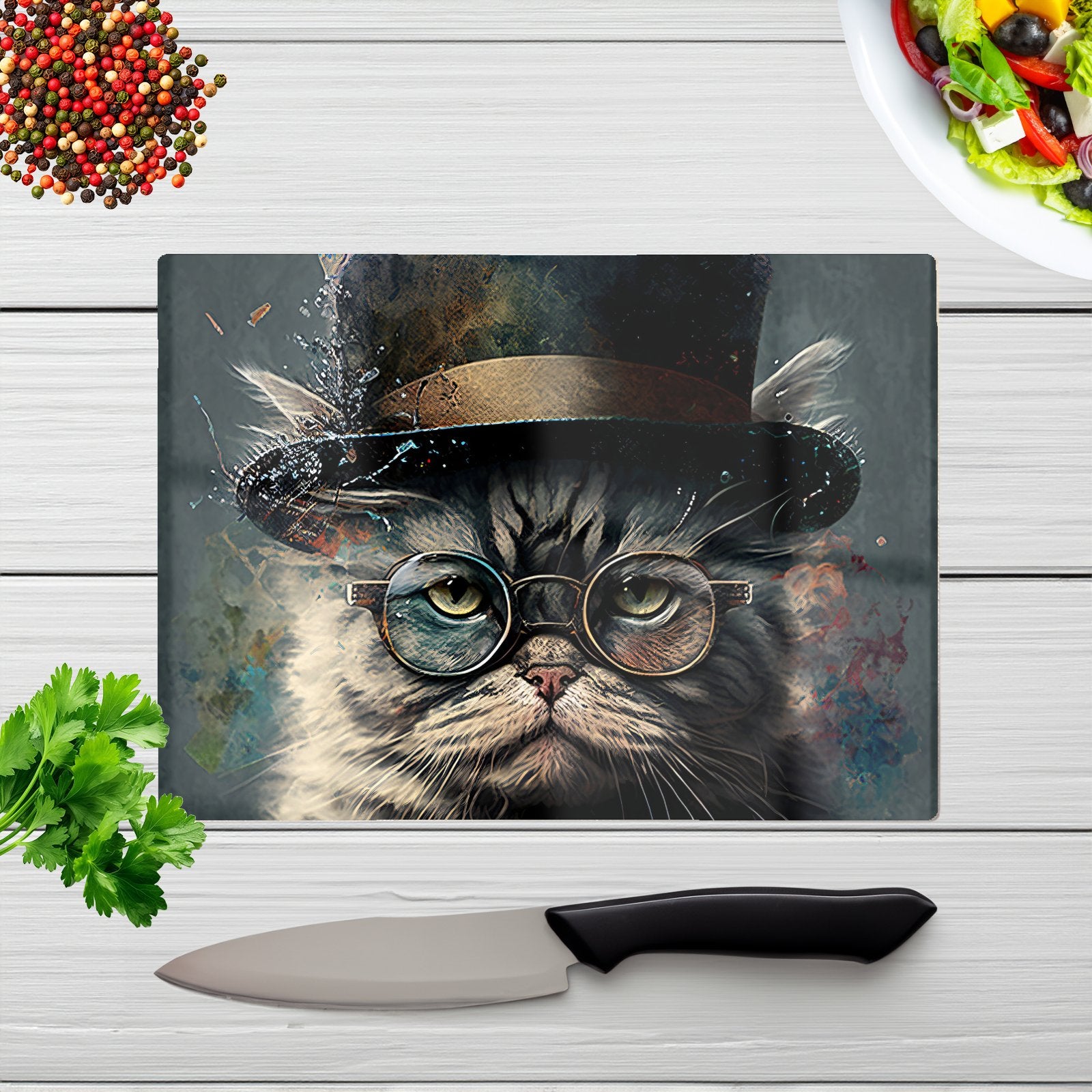 Selkirk Rex Cat With Glasses Splashart Chopping Board