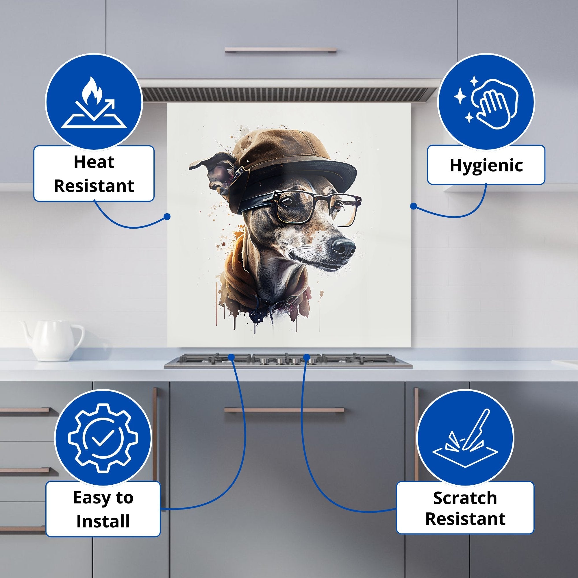 Whippet Dog With Glasses Splashart Kitchen Splashback