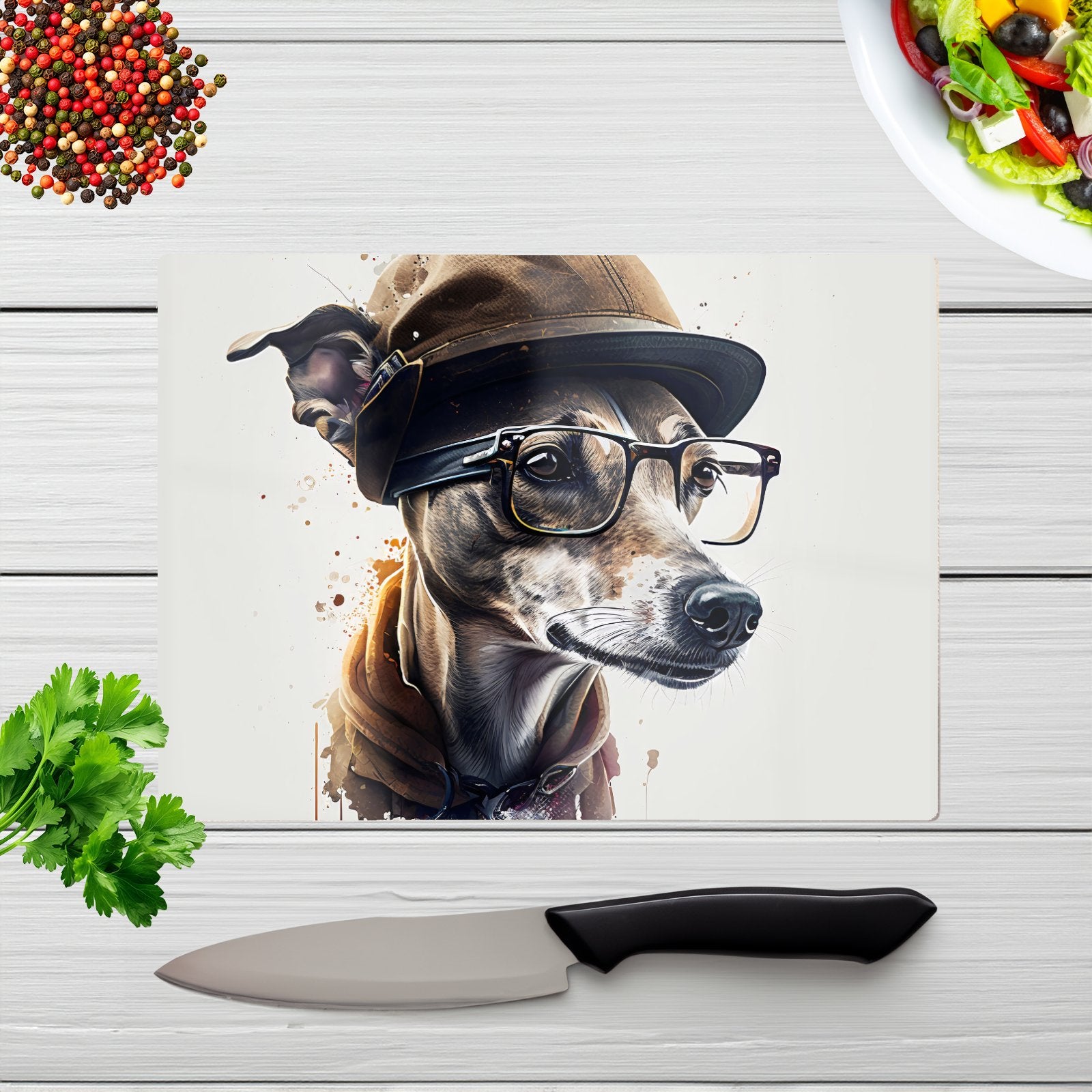 Whippet Dog With Glasses Splashart Chopping Board