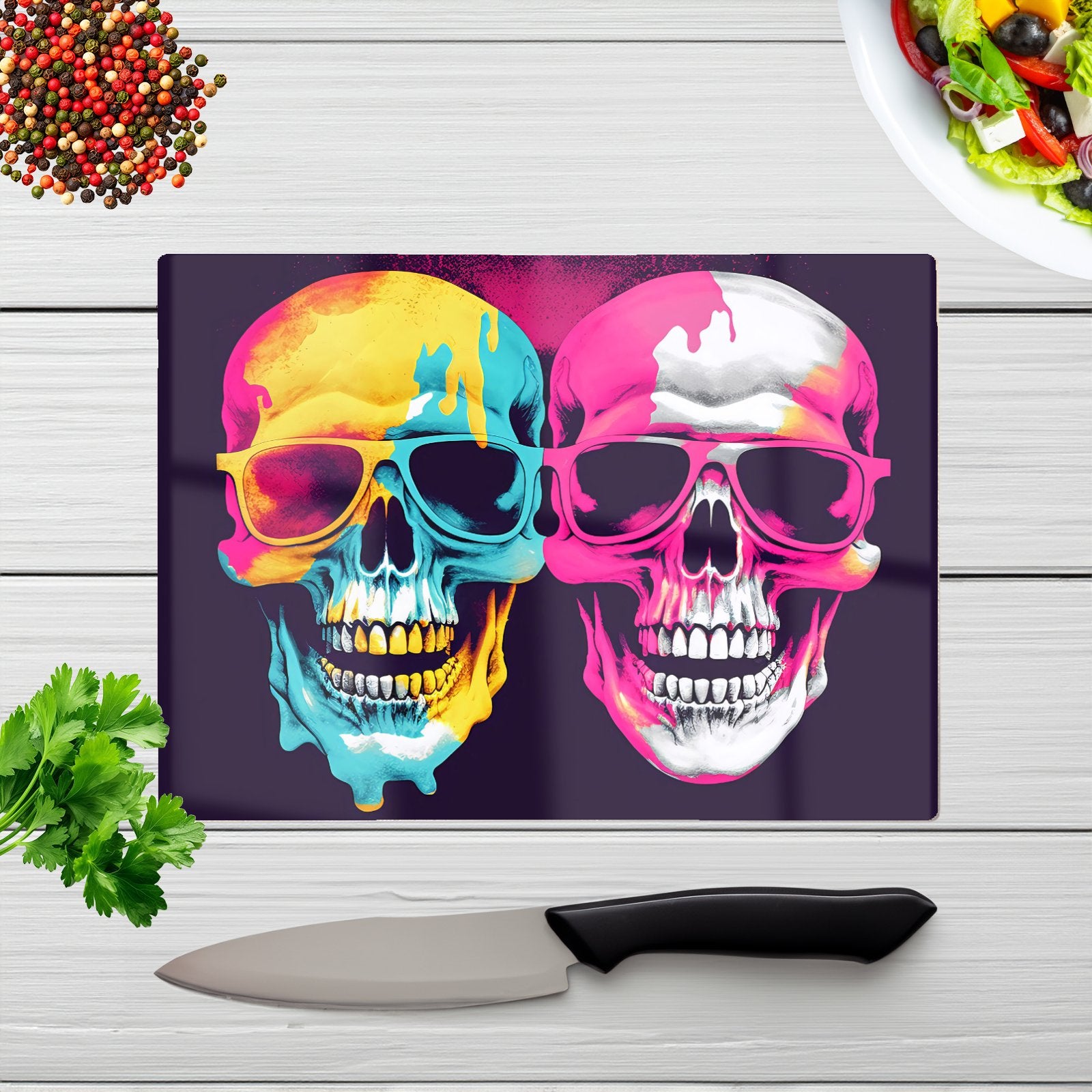 Pinks And Blue Happy Skeletons Chopping Board