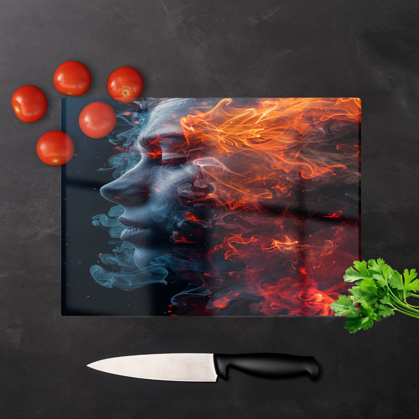 Fiery Mindscape: Portrait In Flames Chopping Board