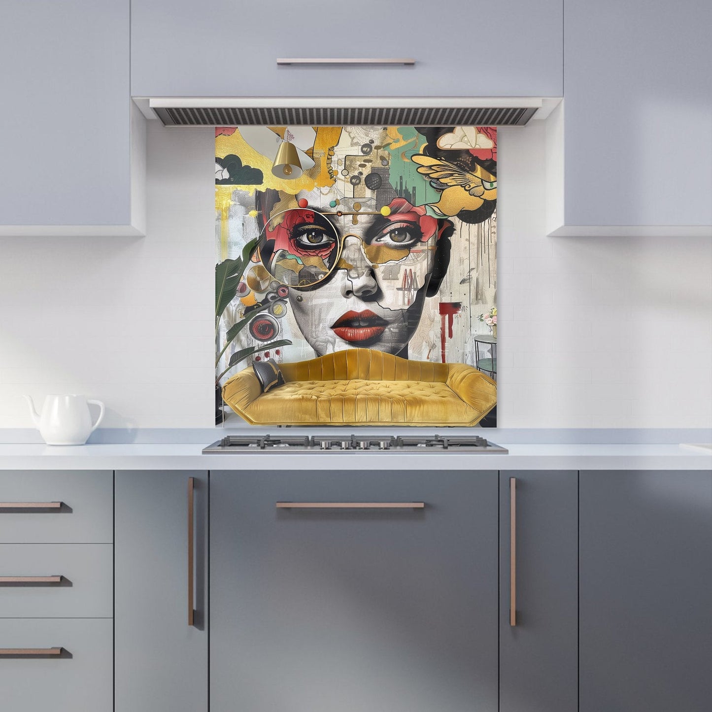 Abstract Face Behind Sofa Kitchen Splashback