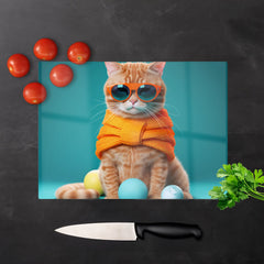 Cat In Glasses With Balls Of Wool Chopping Board