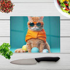 Cat In Glasses With Balls Of Wool Chopping Board