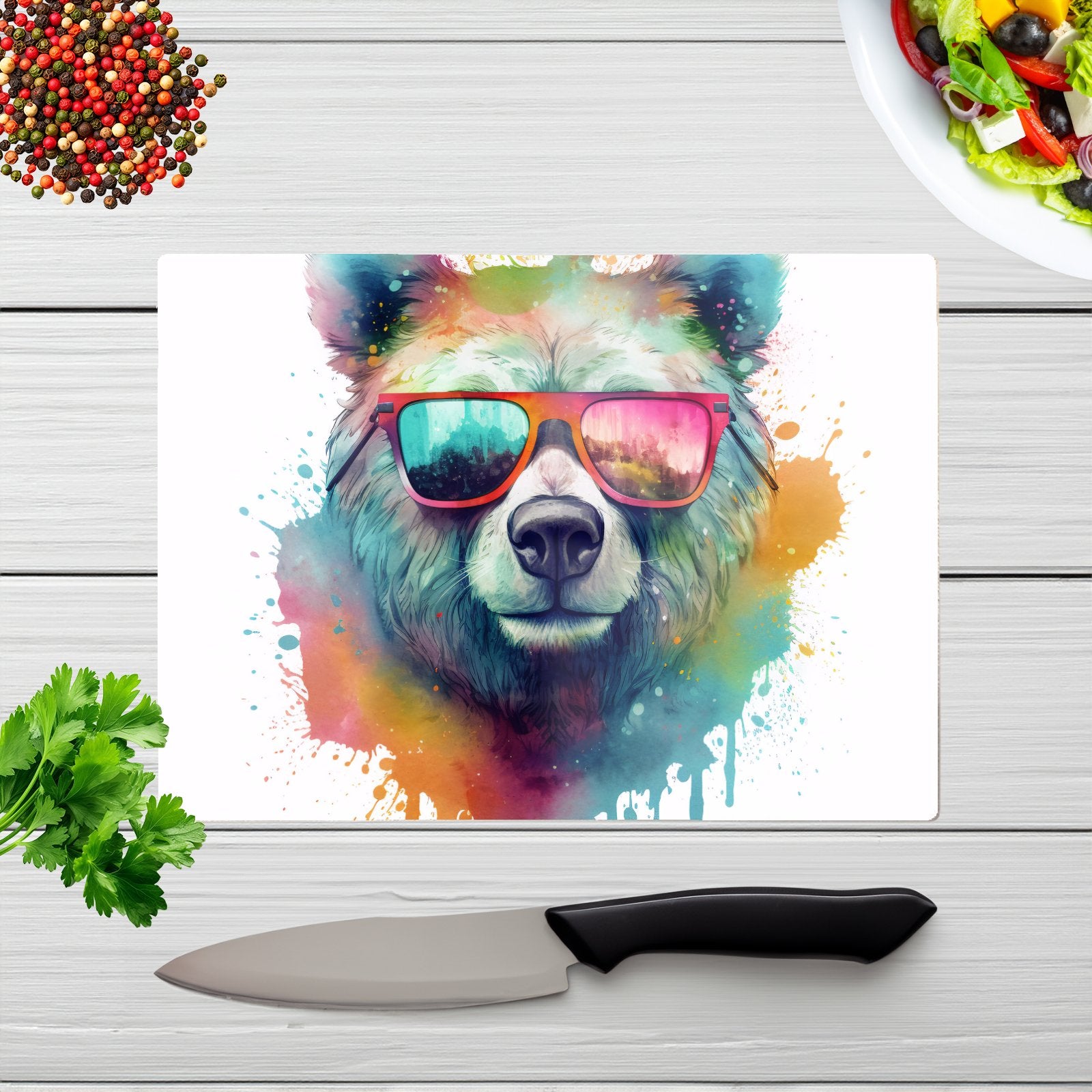 Splashart Colourful Bear In Glasses Chopping Board