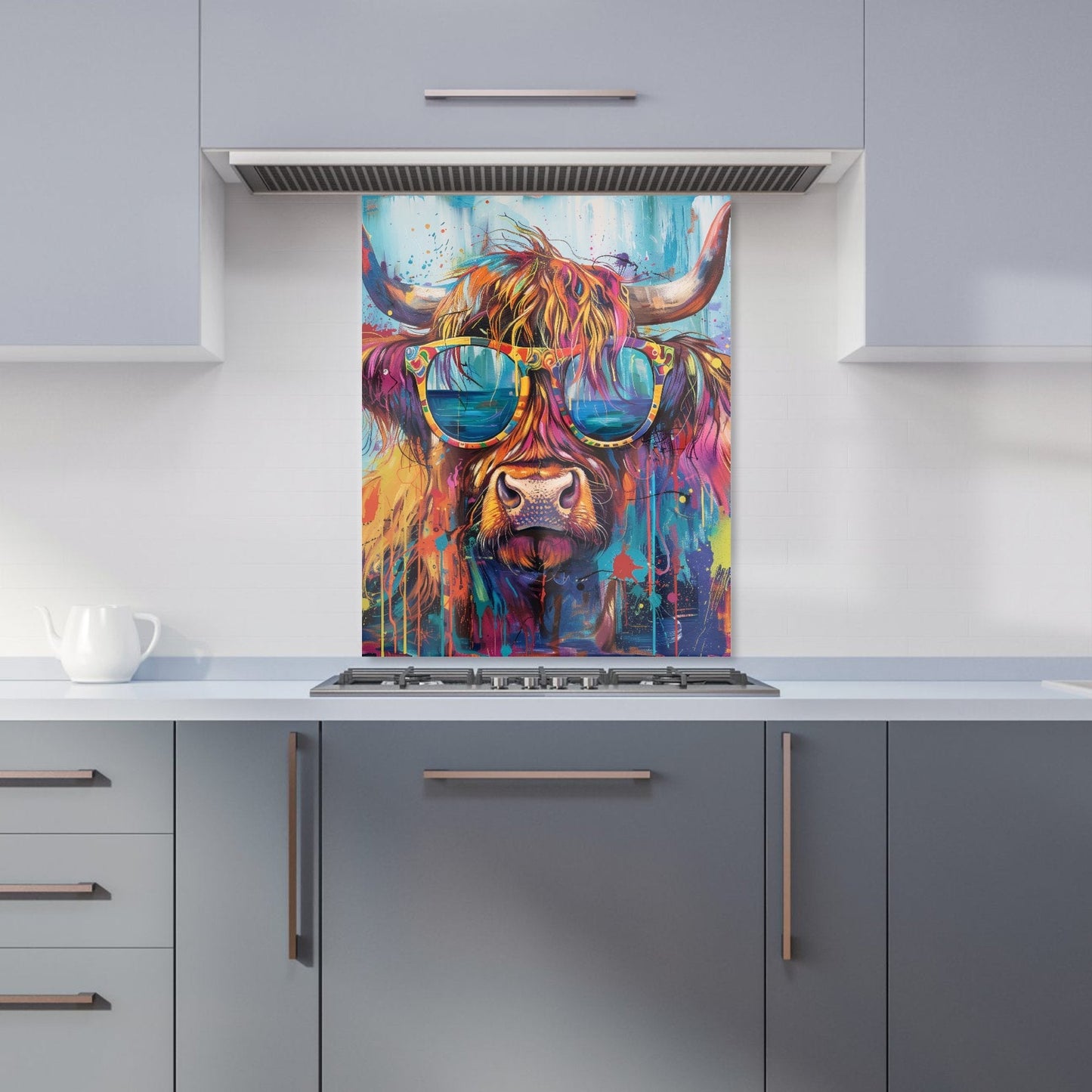 Splashart Highland Cow With Glasses Kitchen Splashback