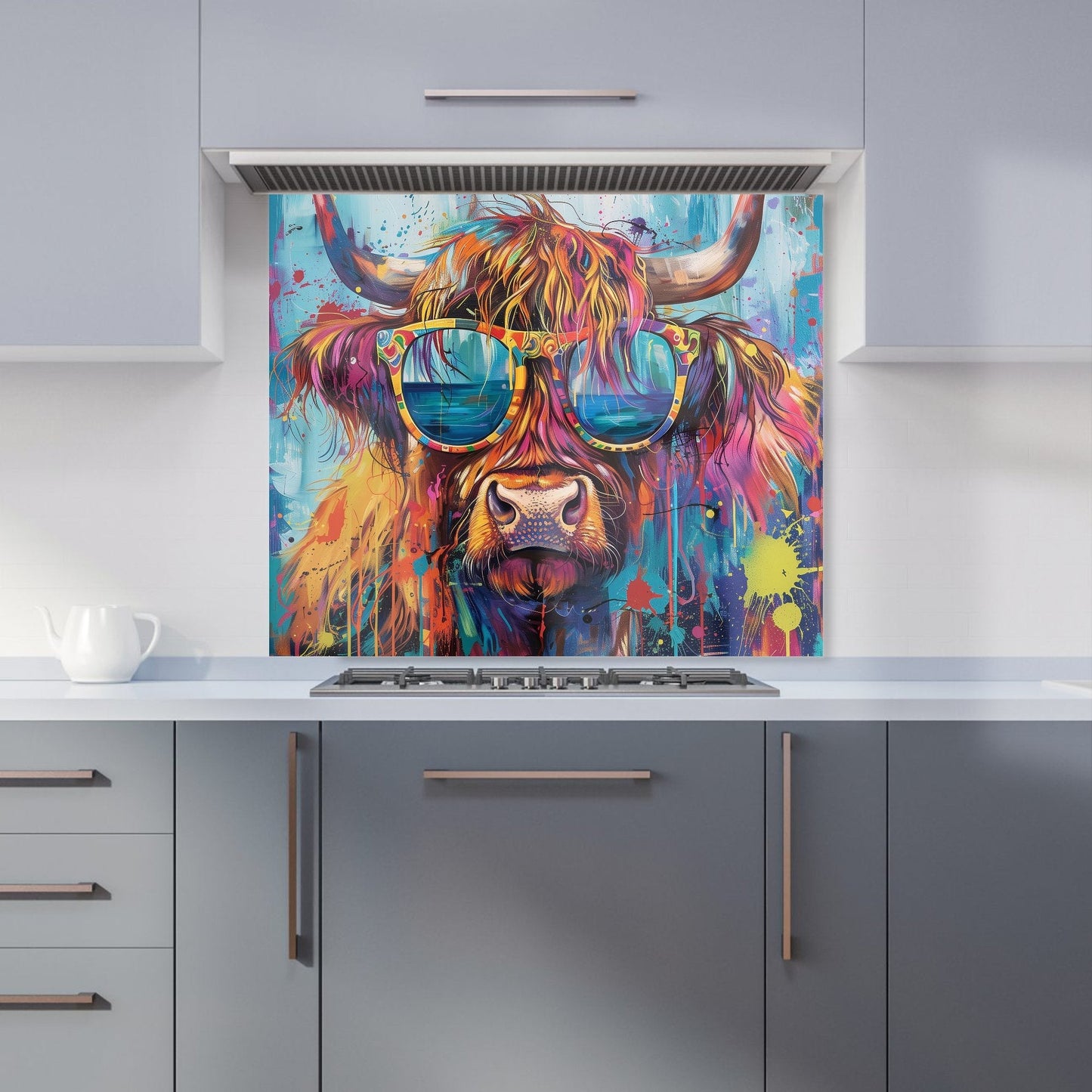 Splashart Highland Cow With Glasses Kitchen Splashback