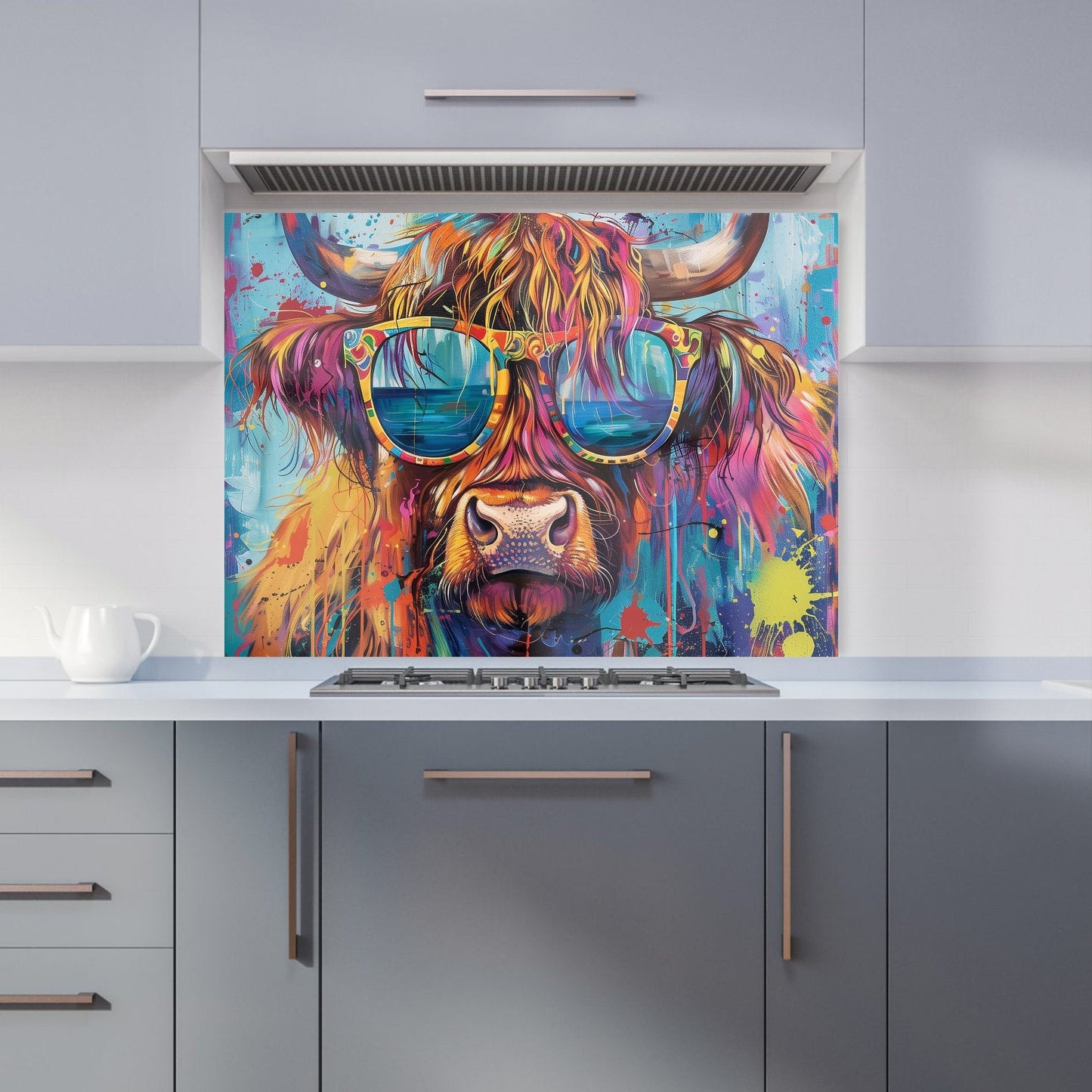 Splashart Highland Cow With Glasses Kitchen Splashback