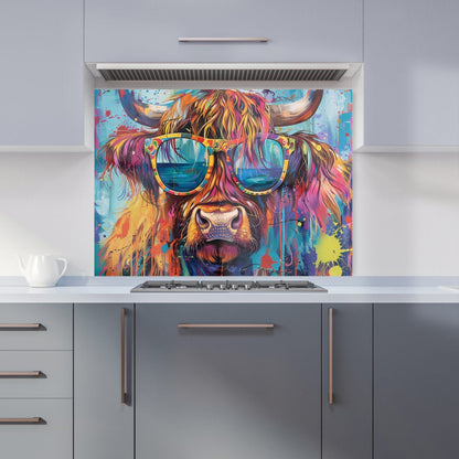 Splashart Highland Cow With Glasses Kitchen Splashback