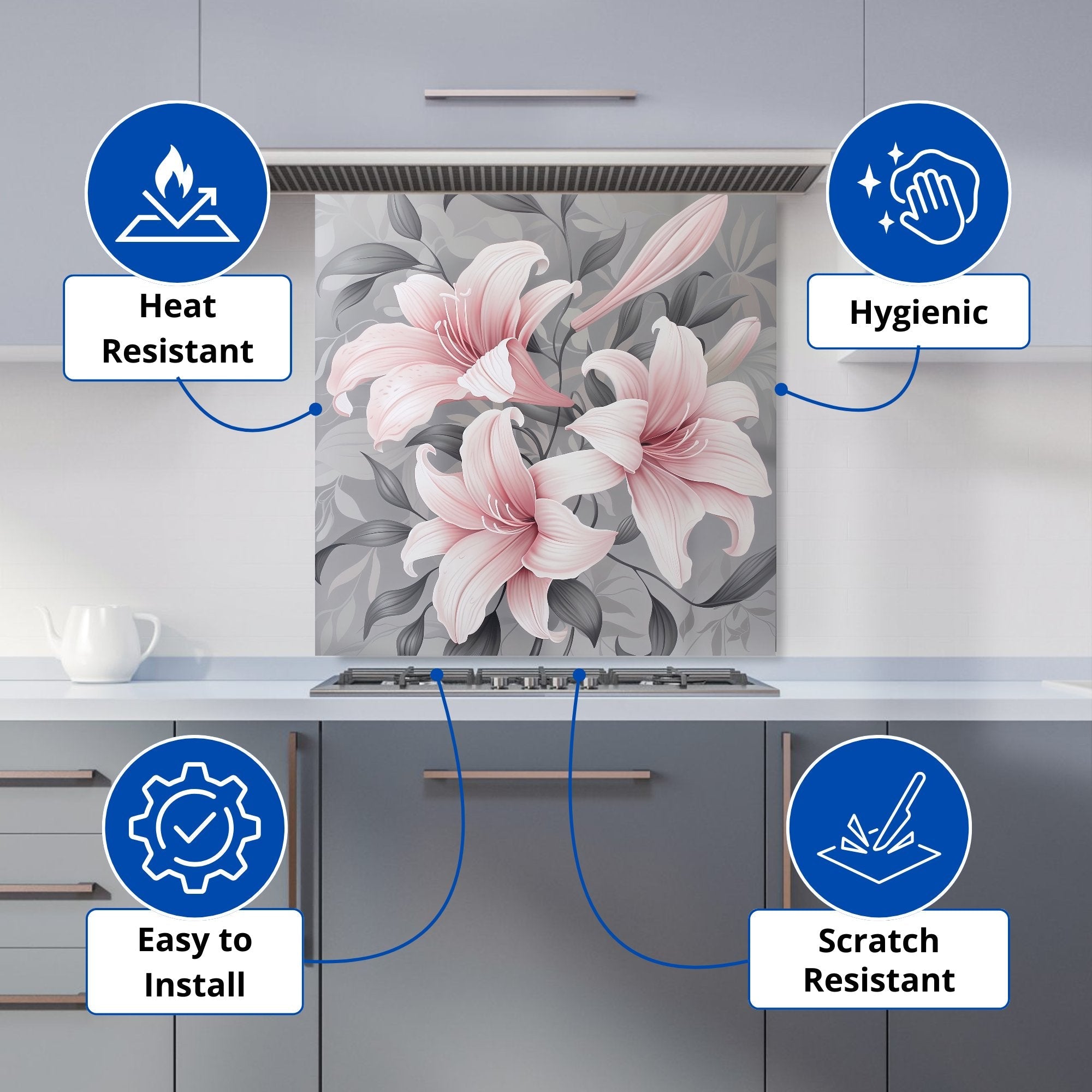 Pink Lilies On Grey Kitchen Splashback
