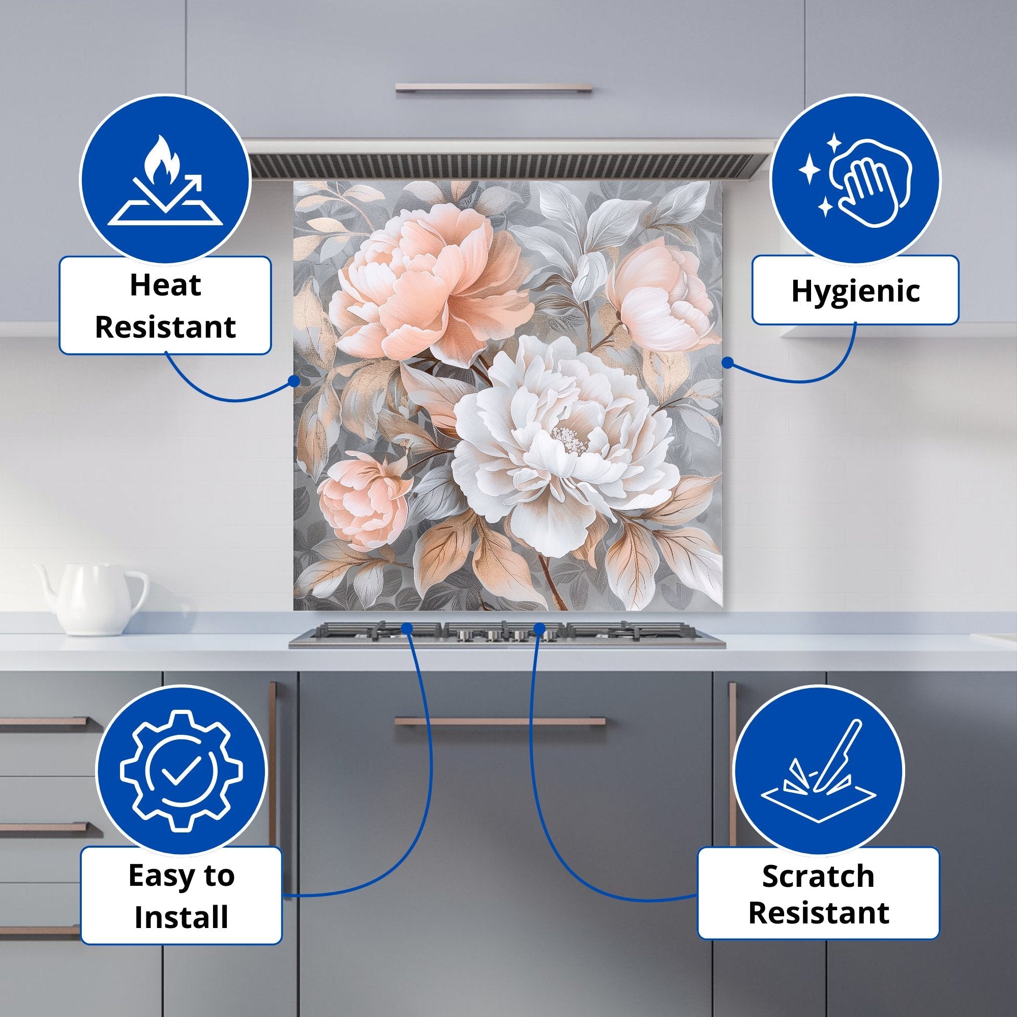 Blush Blossoms on Silver Kitchen Splashback
