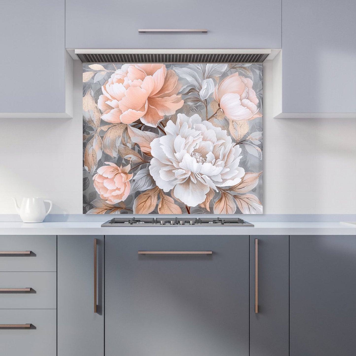 Blush Blossoms on Silver Kitchen Splashback