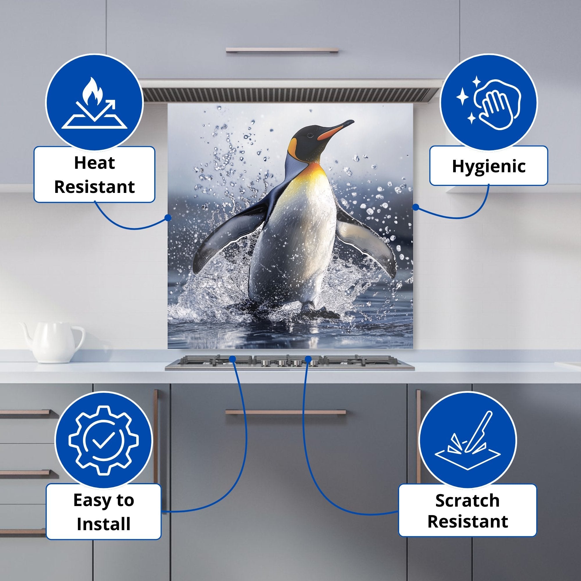 Regal Penguin in a Watery Burst Kitchen Splashback